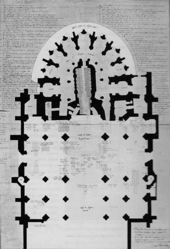 Plan dress par Rossignol en 1806 dans lequel apparaissent, pour la premire fois, les deux corridors de la crypte-martyrium carolingienne